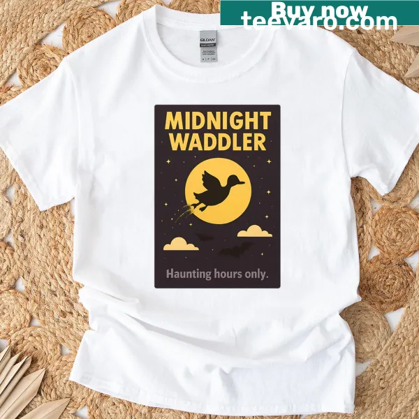 Silhouette of a waddling duck in moonlight on a t-shirt