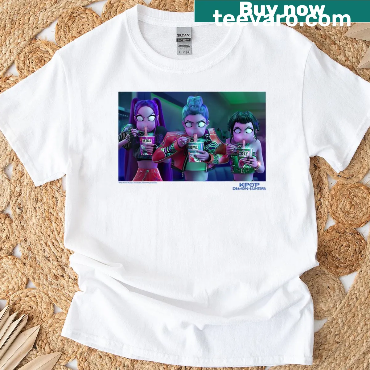 T-shirt with illustration of Mira Rumi Zoey eating ramyeon — on a men's t-shirt