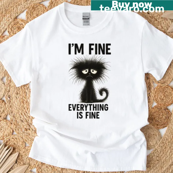 Funny t-shirt featuring a miserable fluffy cat with humorous text.