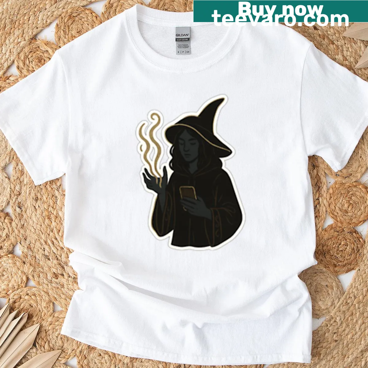Illustration t-shirt of a modern witch casting spells in the city. — on a men's t-shirt