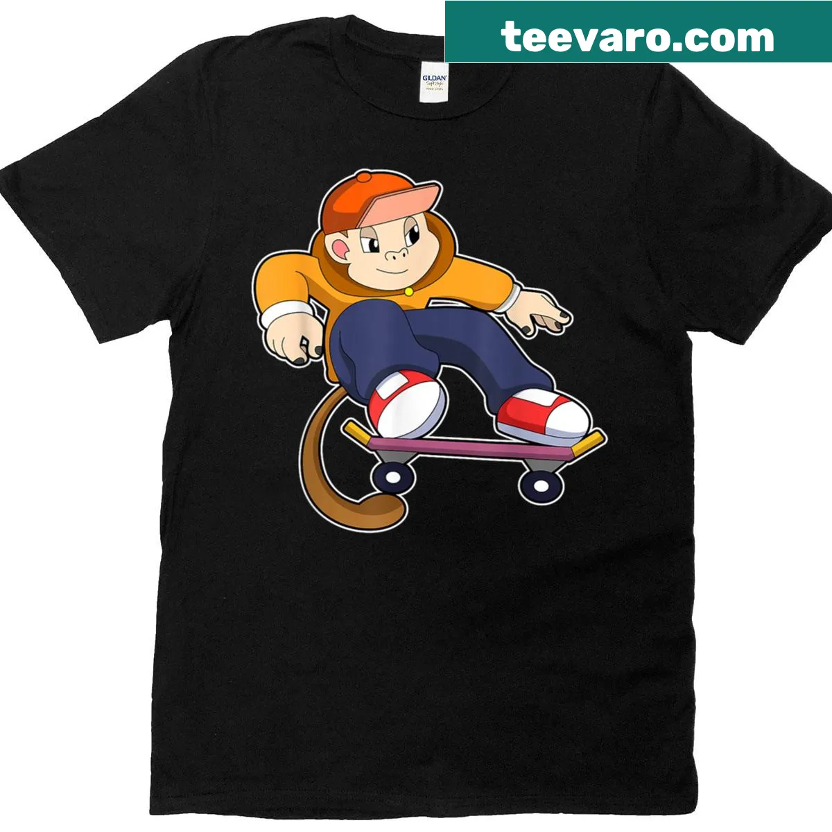 Illustrated monkey skater T-shirt design — on a men's t-shirt
