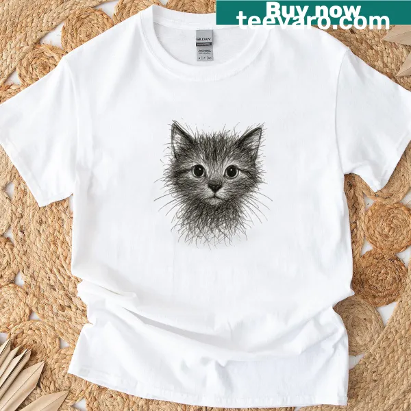 Monochrome cat sketch design on a stylish women's t-shirt