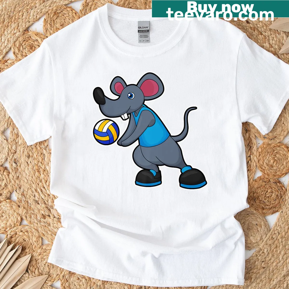 Cartoon mouse playing volleyball shirt with a playful design — on a men's t-shirt