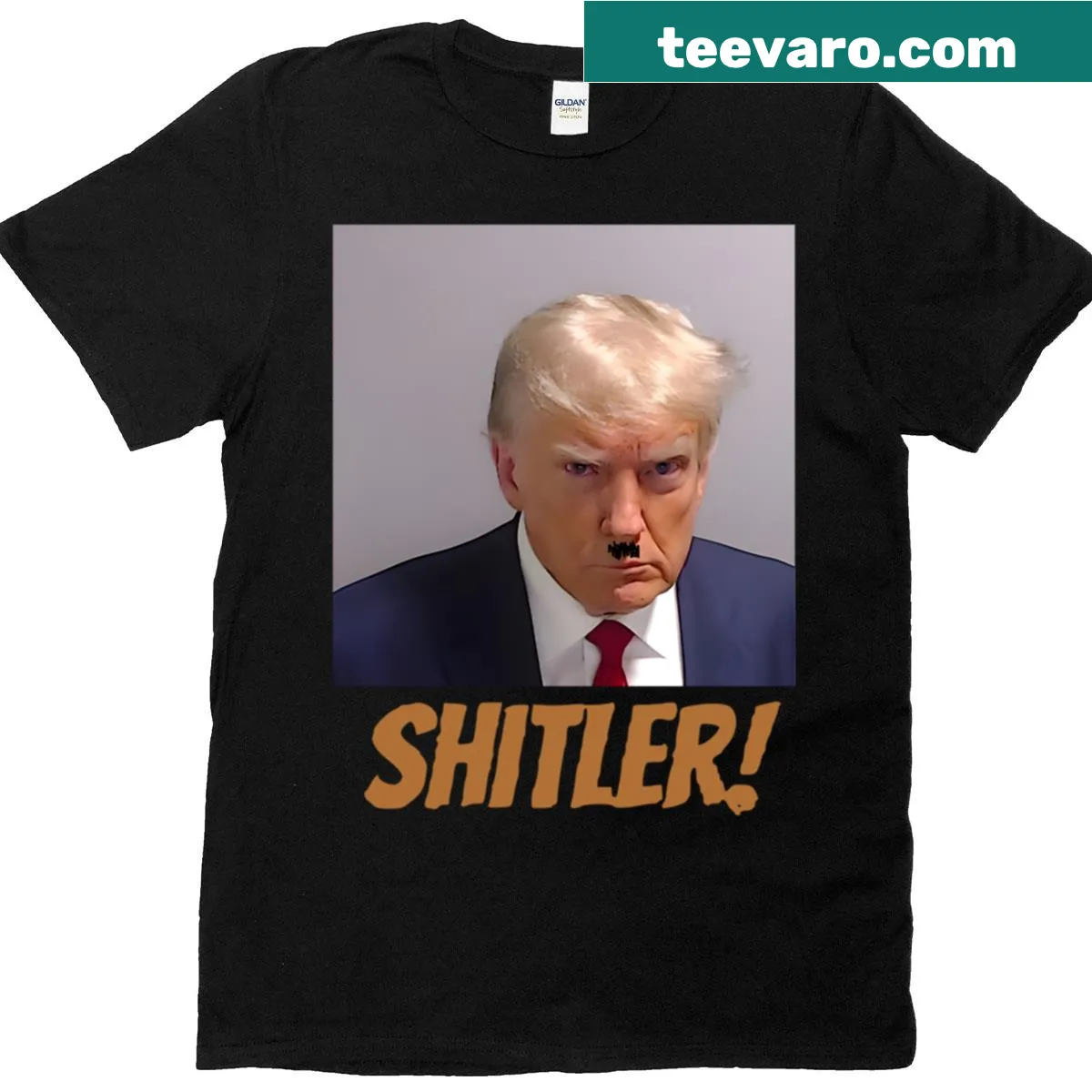 T-shirt featuring a satirical mug shot of Trump — on a men's t-shirt