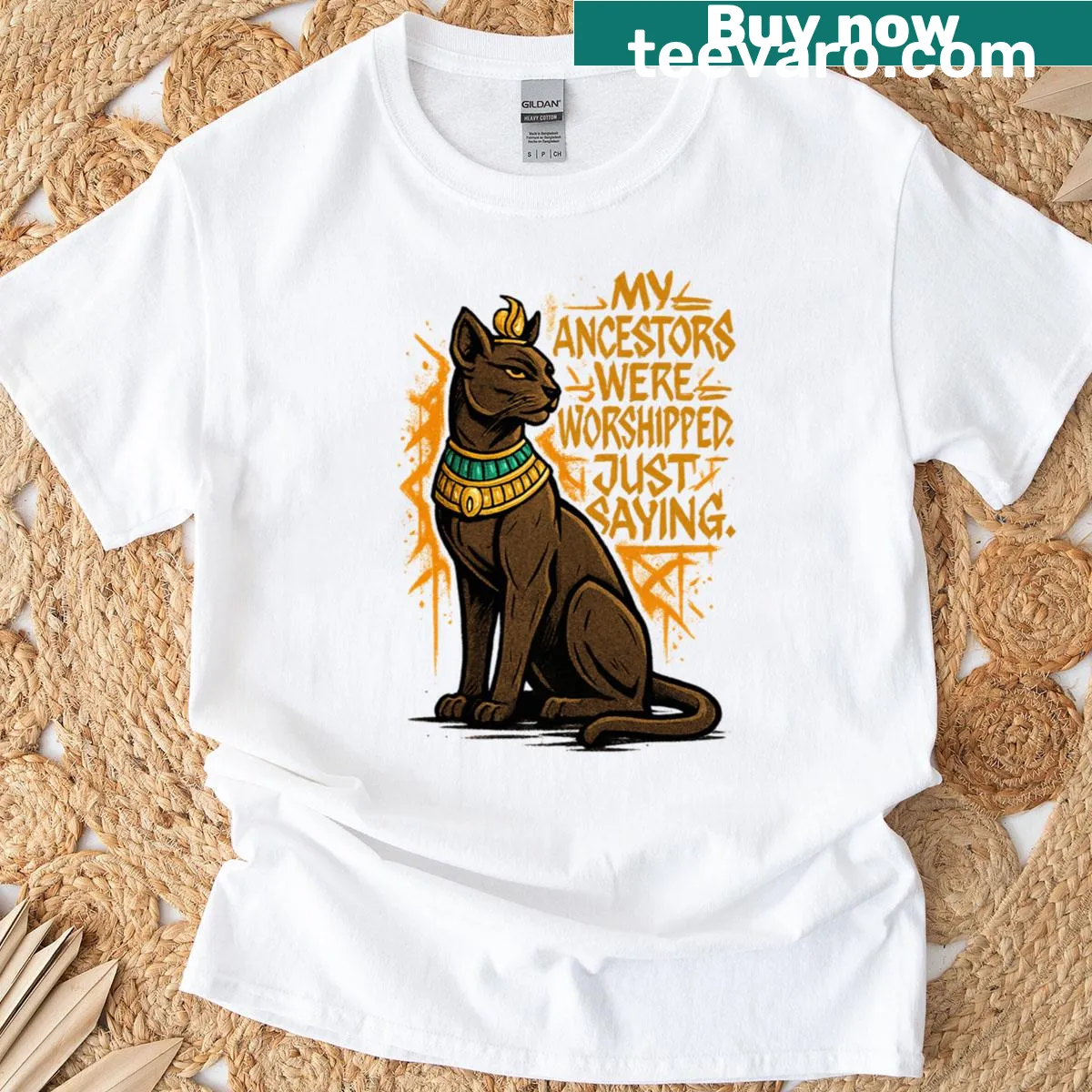 Funny t-shirt with cat graphic and phrase about ancestors being worshiped — on a men's t-shirt