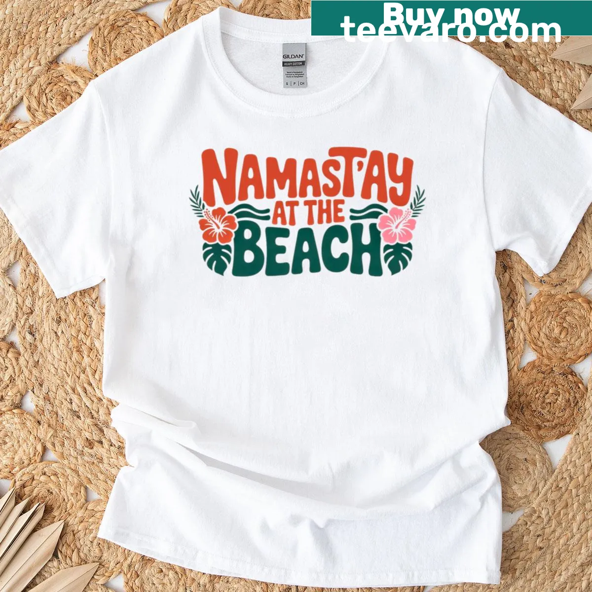 Playful 'Namastay At The Beach' graphic on a yoga humor t-shirt — on a men's t-shirt