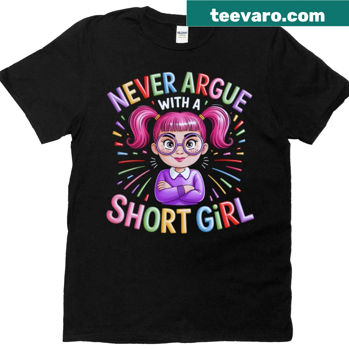 Playful cartoon sketch saying 'Never Argue With A Short Girl' on a t-shirt — on a men's t-shirt