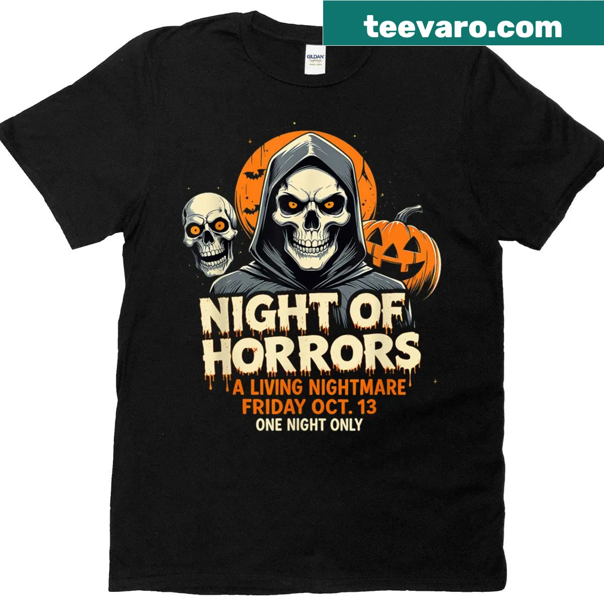 90s horror movie themed t-shirt featuring iconic scary characters — on a men's t-shirt