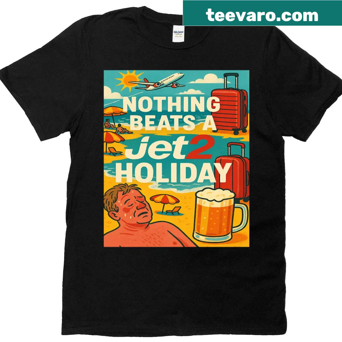 Retro Jet2 holiday t-shirt featuring meme design — on a men's t-shirt