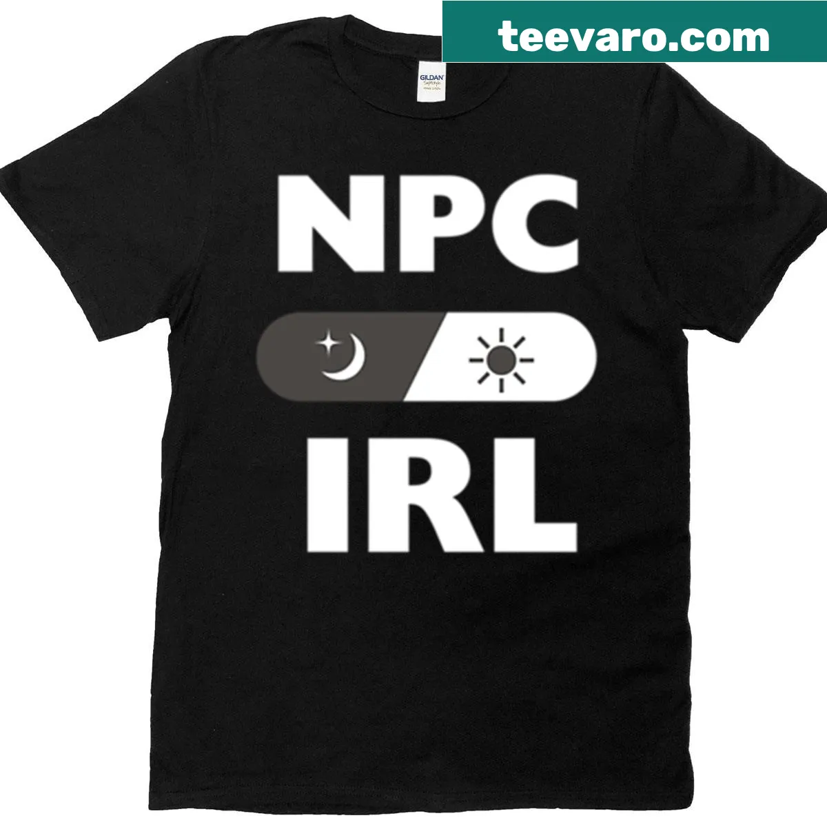 Funny gamer tee with 'NPC IRL All Day All Night' text — on a men's t-shirt