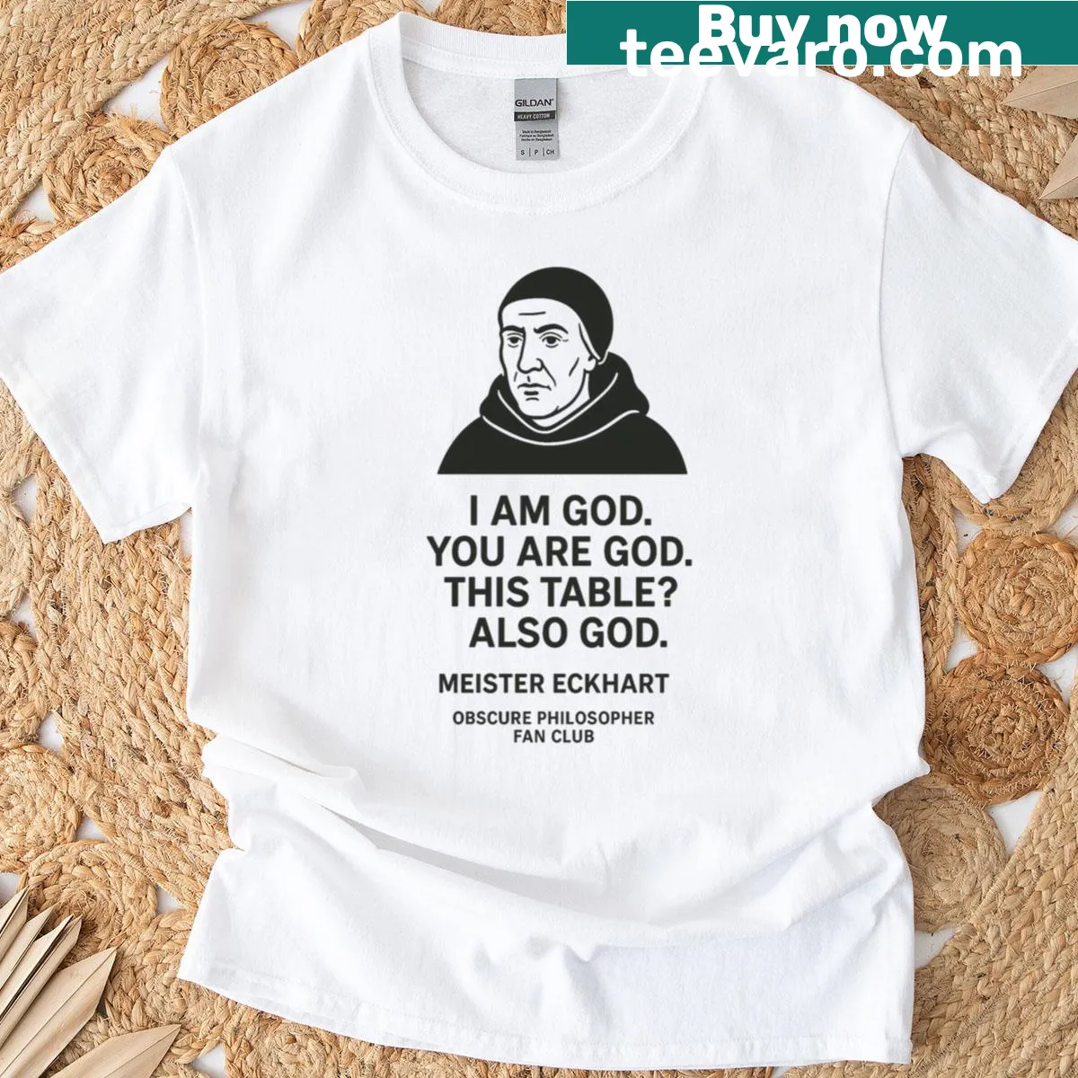 Text-based shirt promoting Meister Eckhart with a humorous twist — on a men's t-shirt