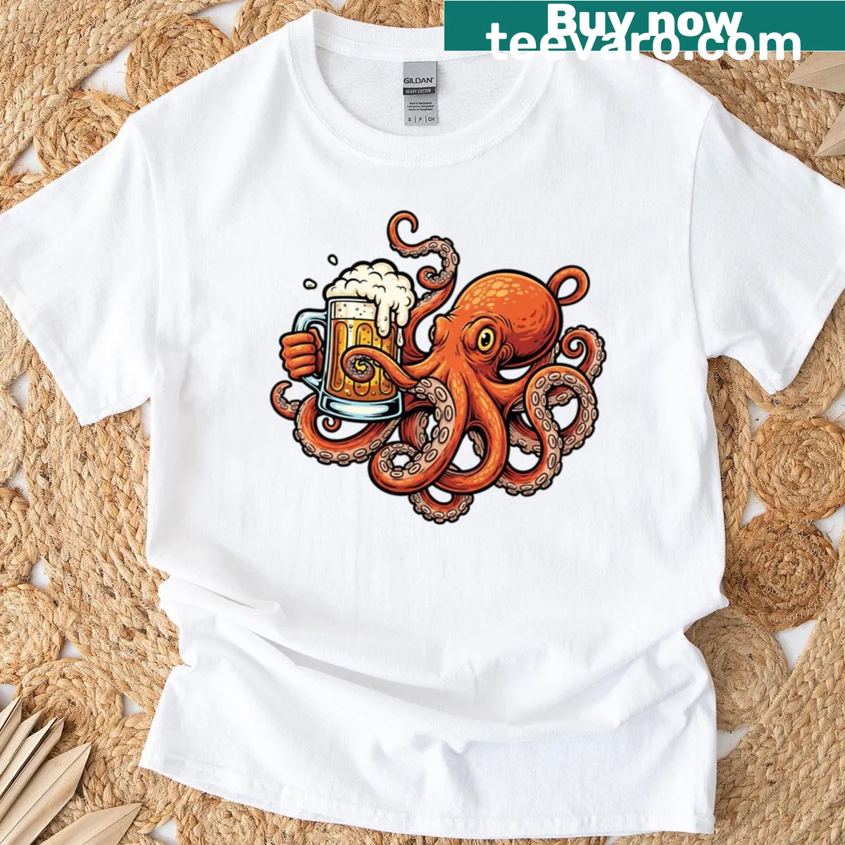 Illustration of an octopus enjoying craft beer on a t-shirt — on a men's t-shirt