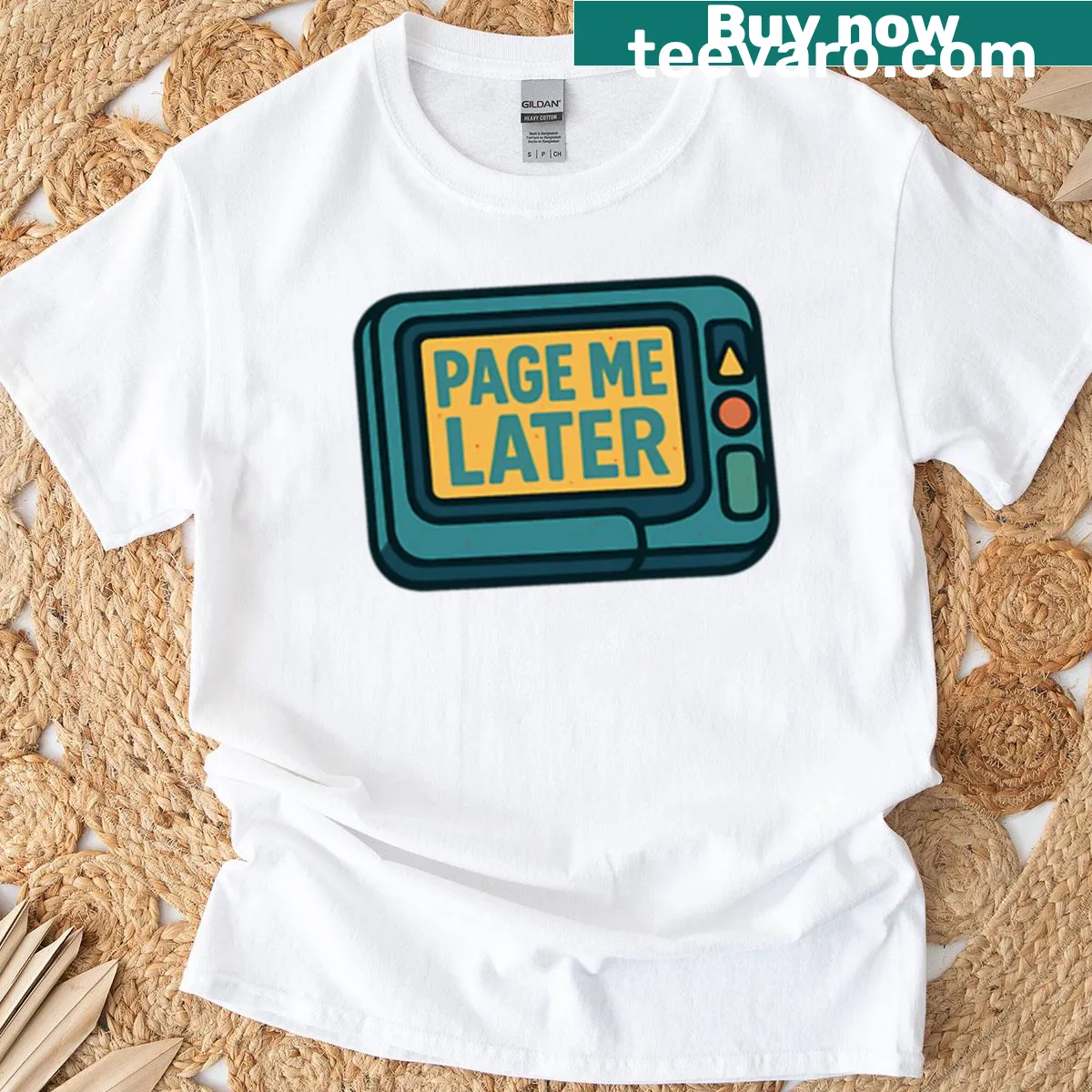Retro pager design on a nostalgic 'Page Me Later' T-shirt — on a men's t-shirt