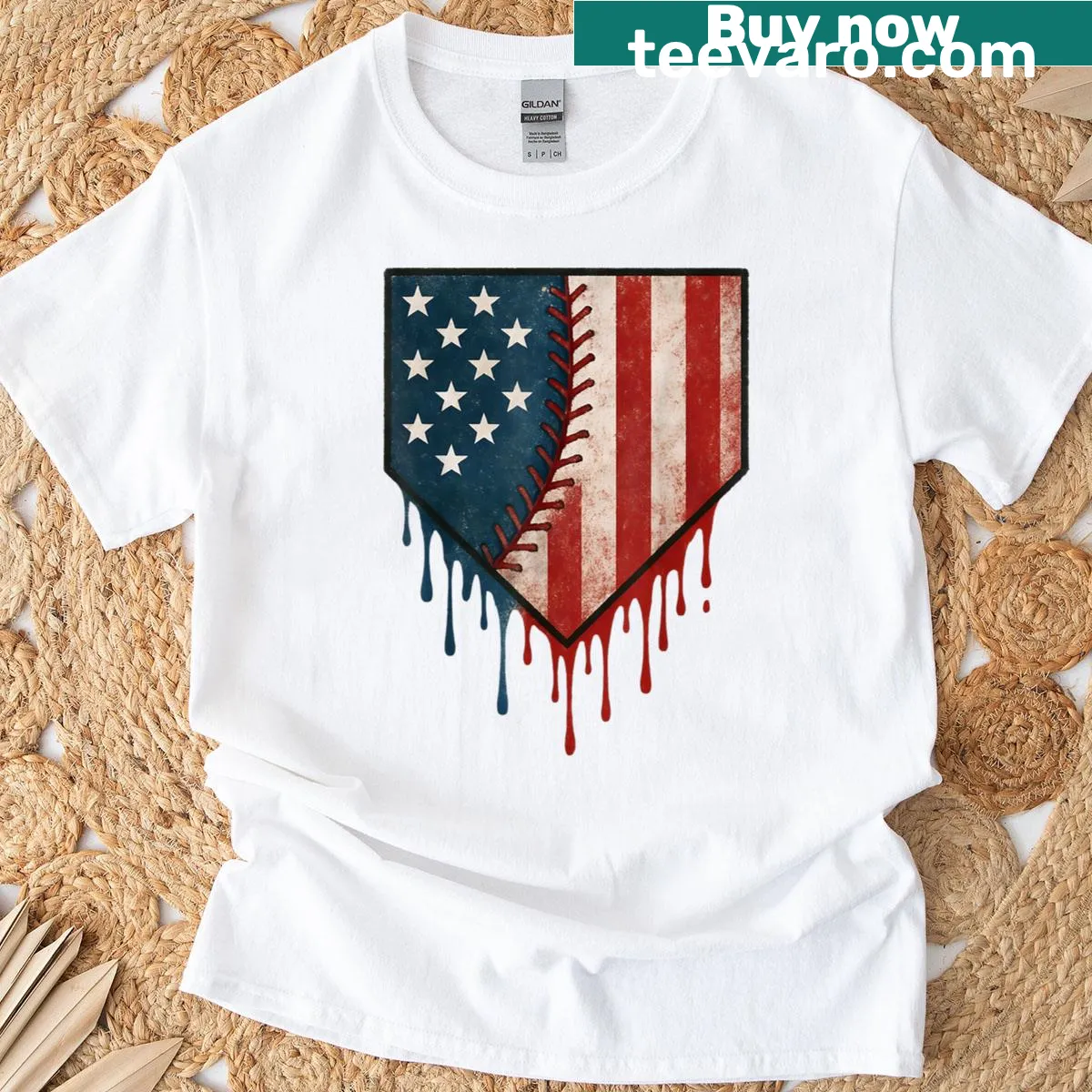T-shirt with dripping American flag design for baseball fans — on a men's t-shirt