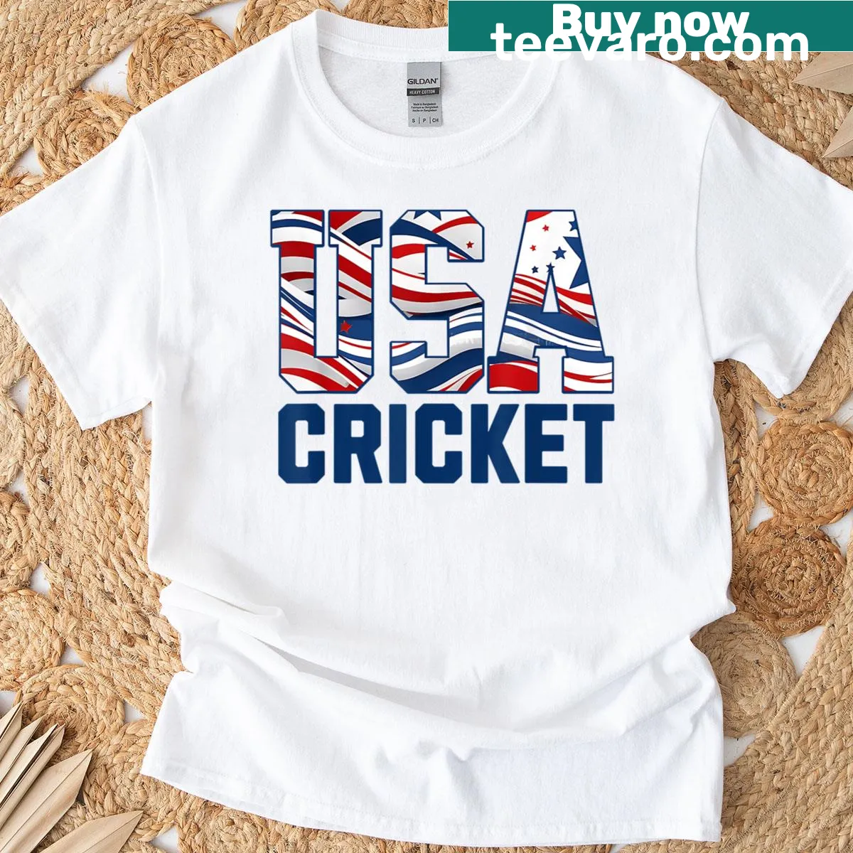 T-shirt featuring an illustration of the American flag and cricket elements — on a men's t-shirt
