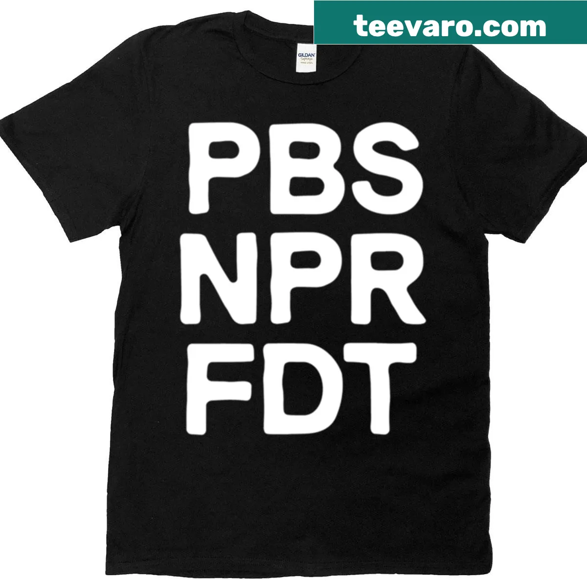 PBS NPR FDT T-shirt featuring logos in a playful design — on a men's t-shirt