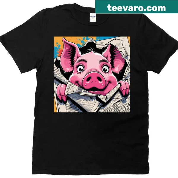 Cartoon pig snout poking through newspapers on a t-shirt