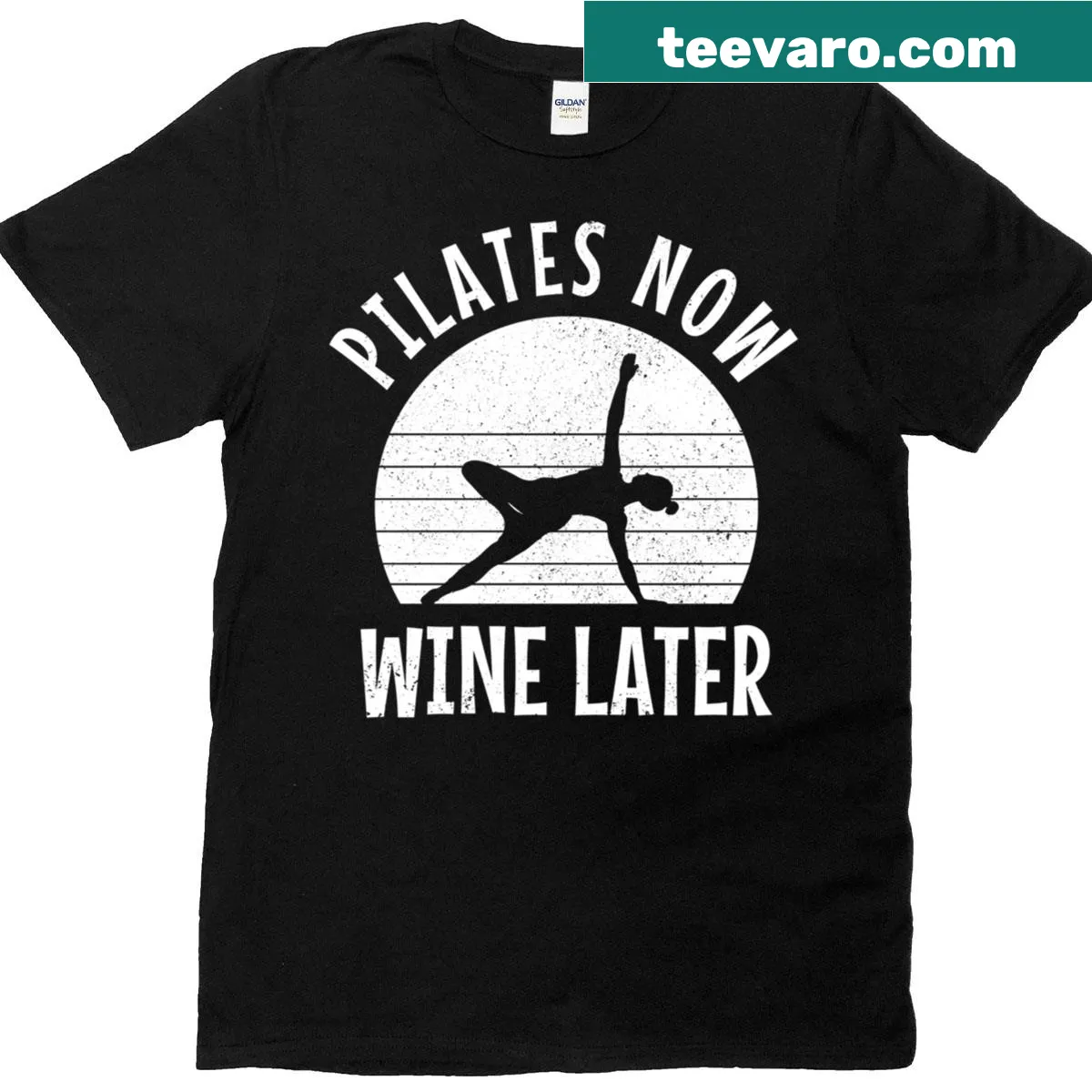 Funny yoga t-shirt with Pilates and wine slogan — on a men's t-shirt