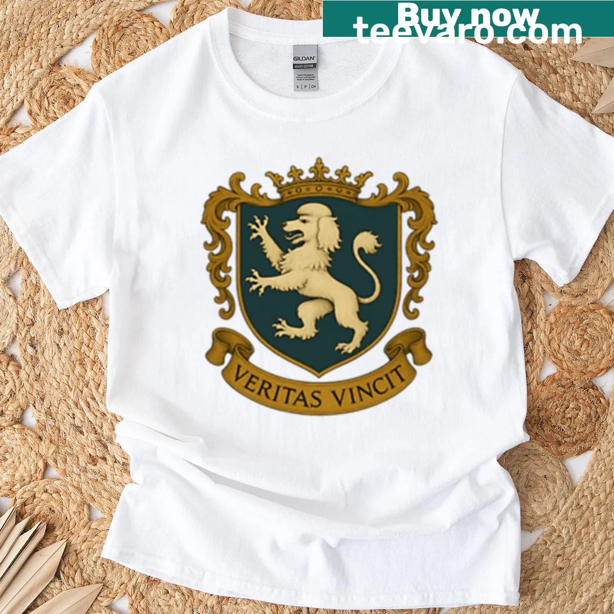 Poodle coat of arms graphic representing Hispanic heritage — on a men's t-shirt