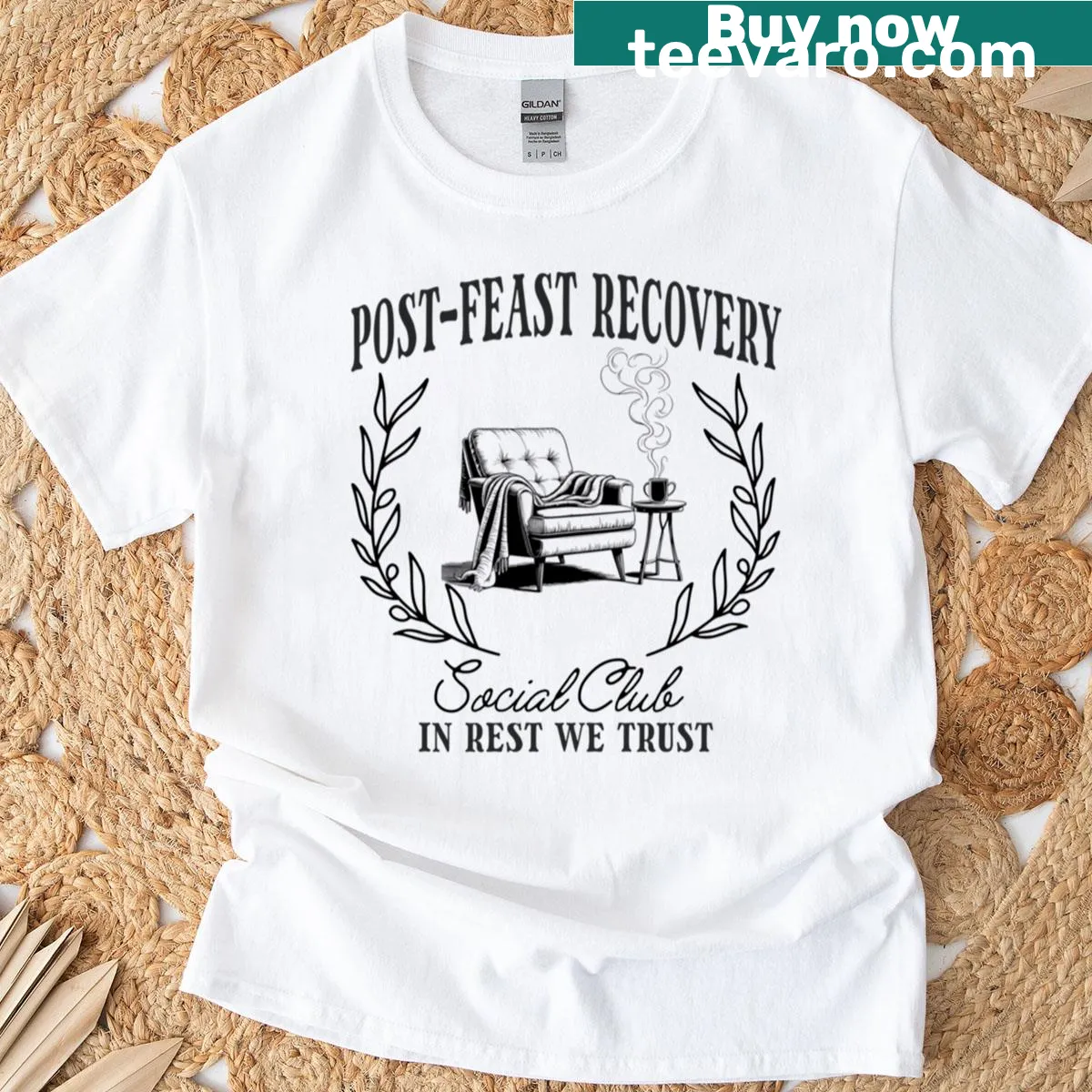 Funny oversized Thanksgiving recovery t-shirt with humorous text — on a men's t-shirt