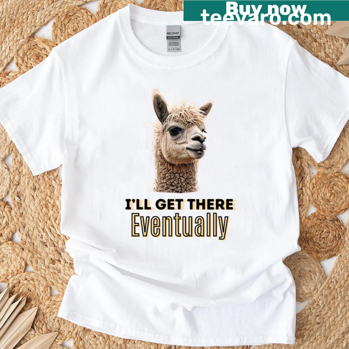 Funny procrastinating llama t-shirt with cartoon illustration and humorous text — on a men's t-shirt