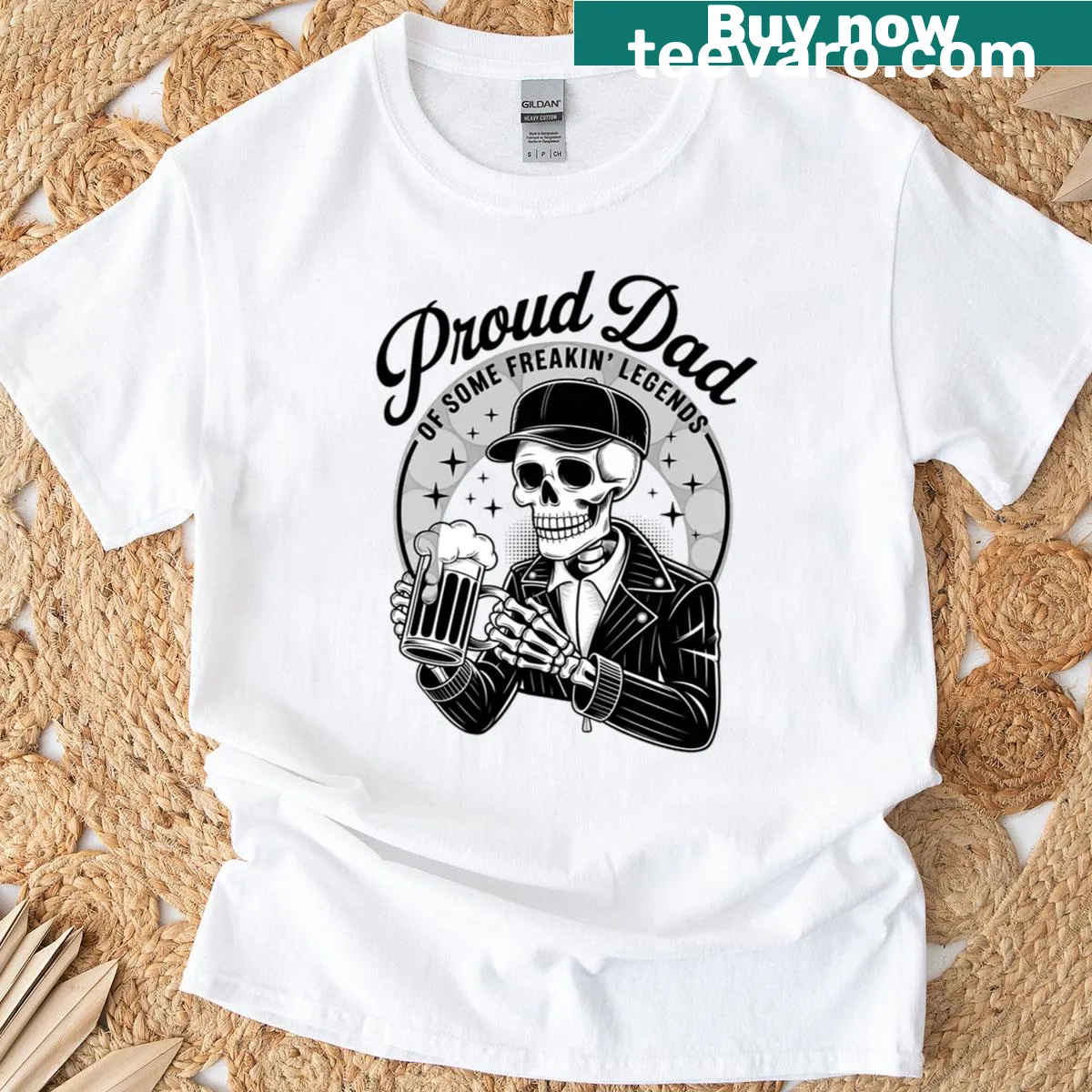 Vintage-style Proud Dad skeleton graphic T-shirt — on a men's t-shirt