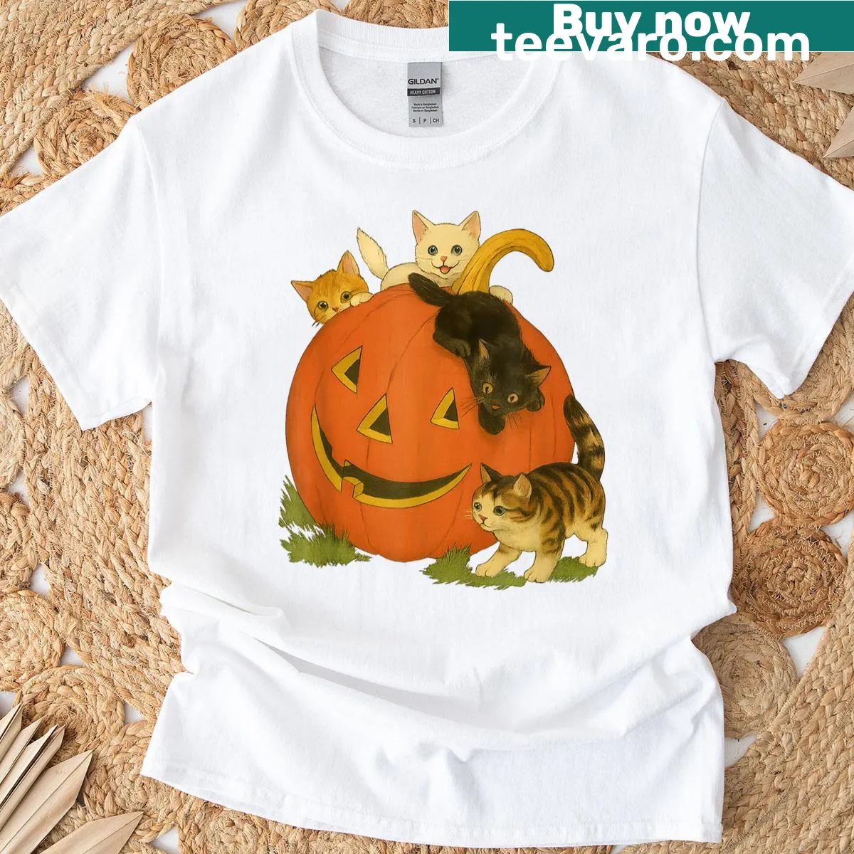 Halloween T-shirt with kittens and pumpkins illustration — on a men's t-shirt