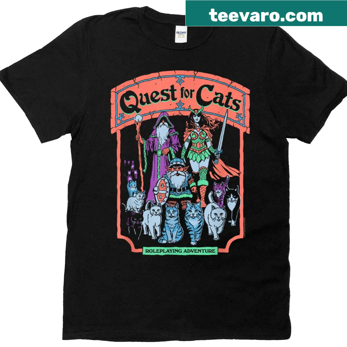 T-shirt featuring an RPG-themed illustration titled 'Quest For Cats' — on a men's t-shirt