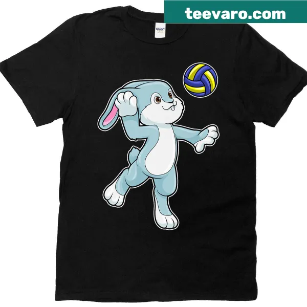 Cartoon rabbit volleyball player graphic on a sports t-shirt