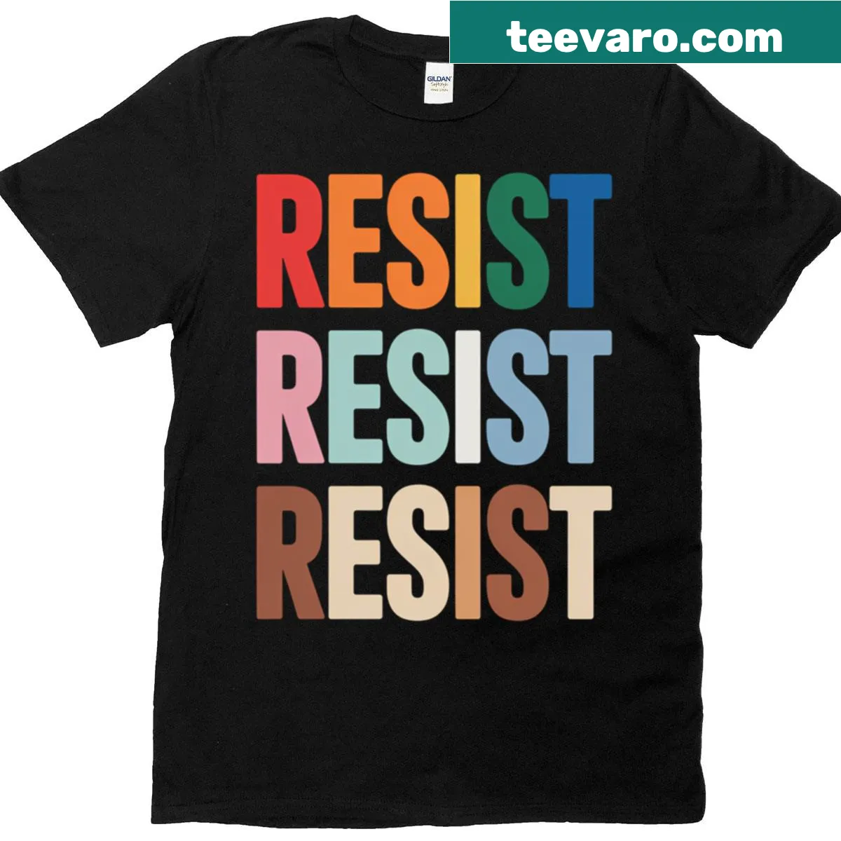 Bold text t-shirt featuring 'Resist Resist Resist' for LGBTQ+ advocacy. — on a men's t-shirt