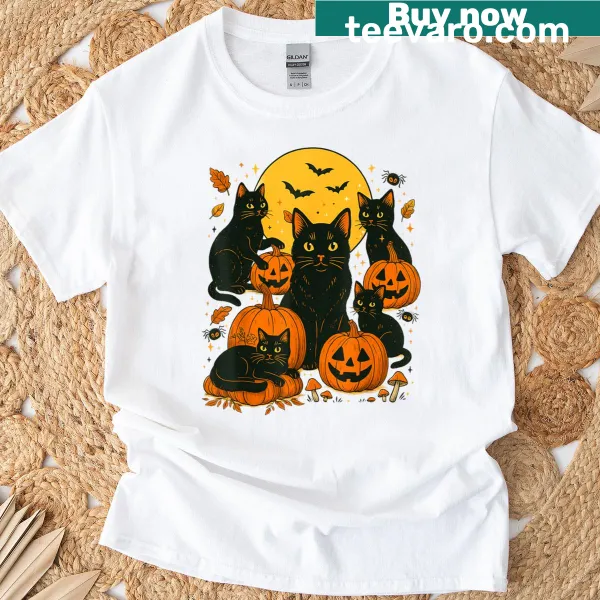 Retro Halloween T-shirt featuring a black cat and pumpkins design.