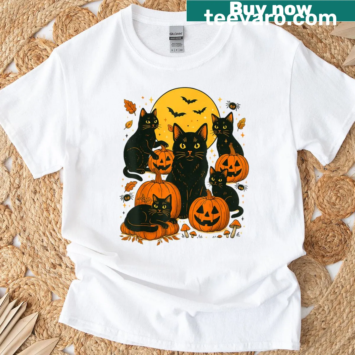 Retro Halloween T-shirt featuring a black cat and pumpkins design. — on a men's t-shirt