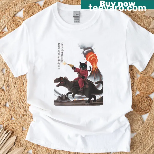 Cat riding a dinosaur during a volcanic eruption in retro style