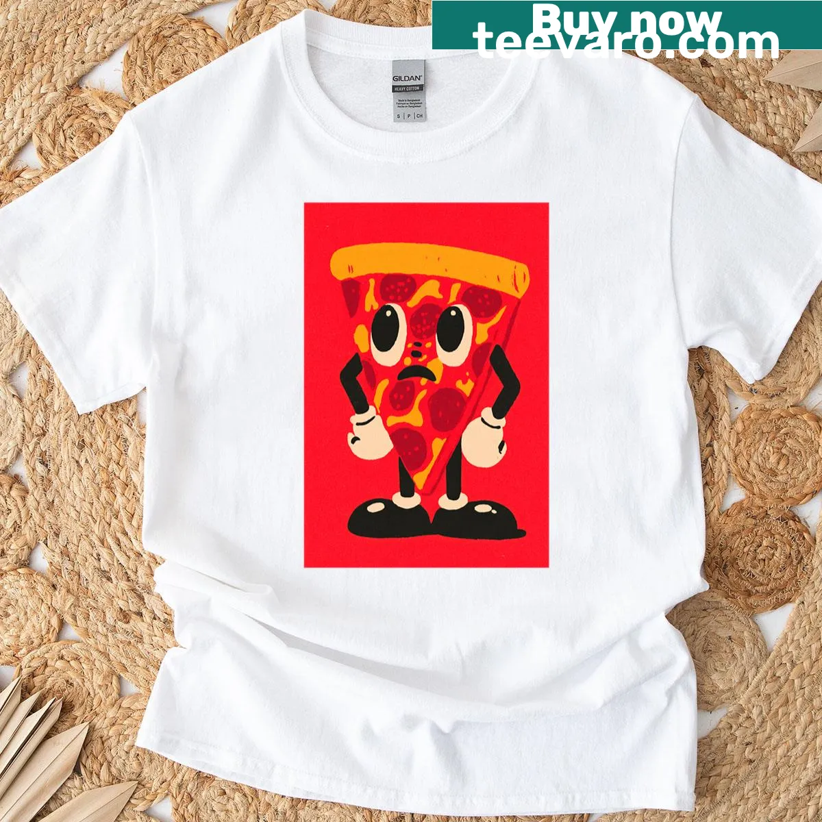 Oversized T-shirt featuring a retro cartoon pepperoni graphic. — on a men's t-shirt