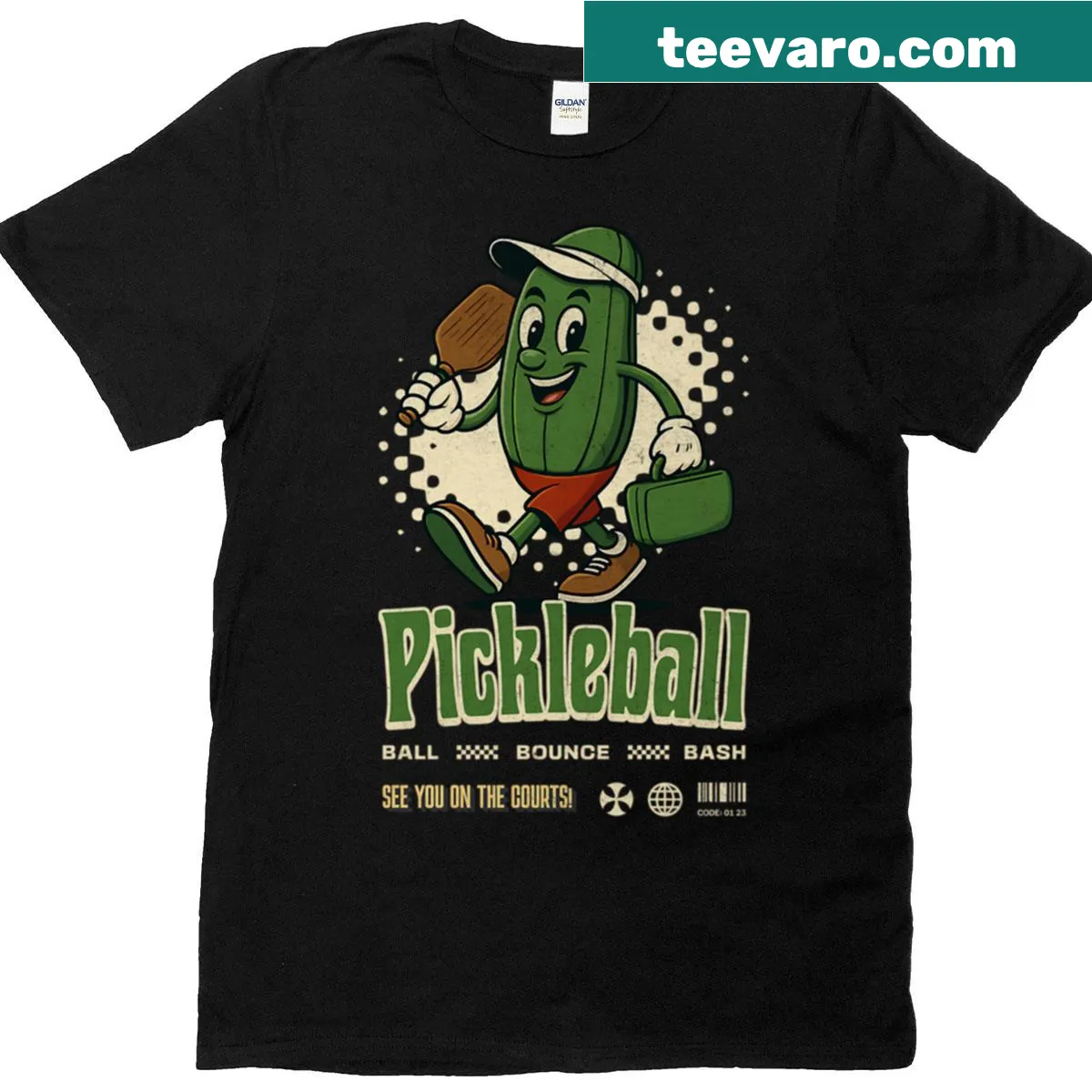 Oversized T-shirt with a cartoon pickle character playing pickleball — on a men's t-shirt