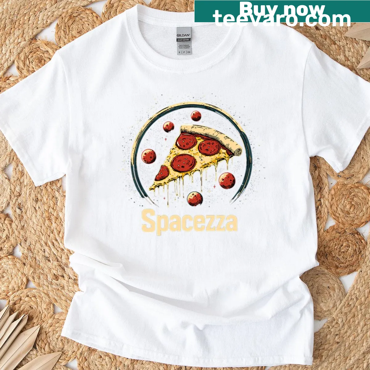 Illustrated retro pizza with pepperoni planets graphic — on a men's t-shirt
