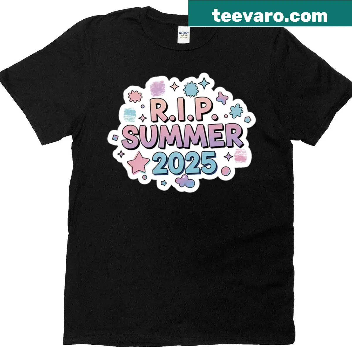 Oversized back-to-school t-shirt with humorous summer sticker design — on a men's t-shirt