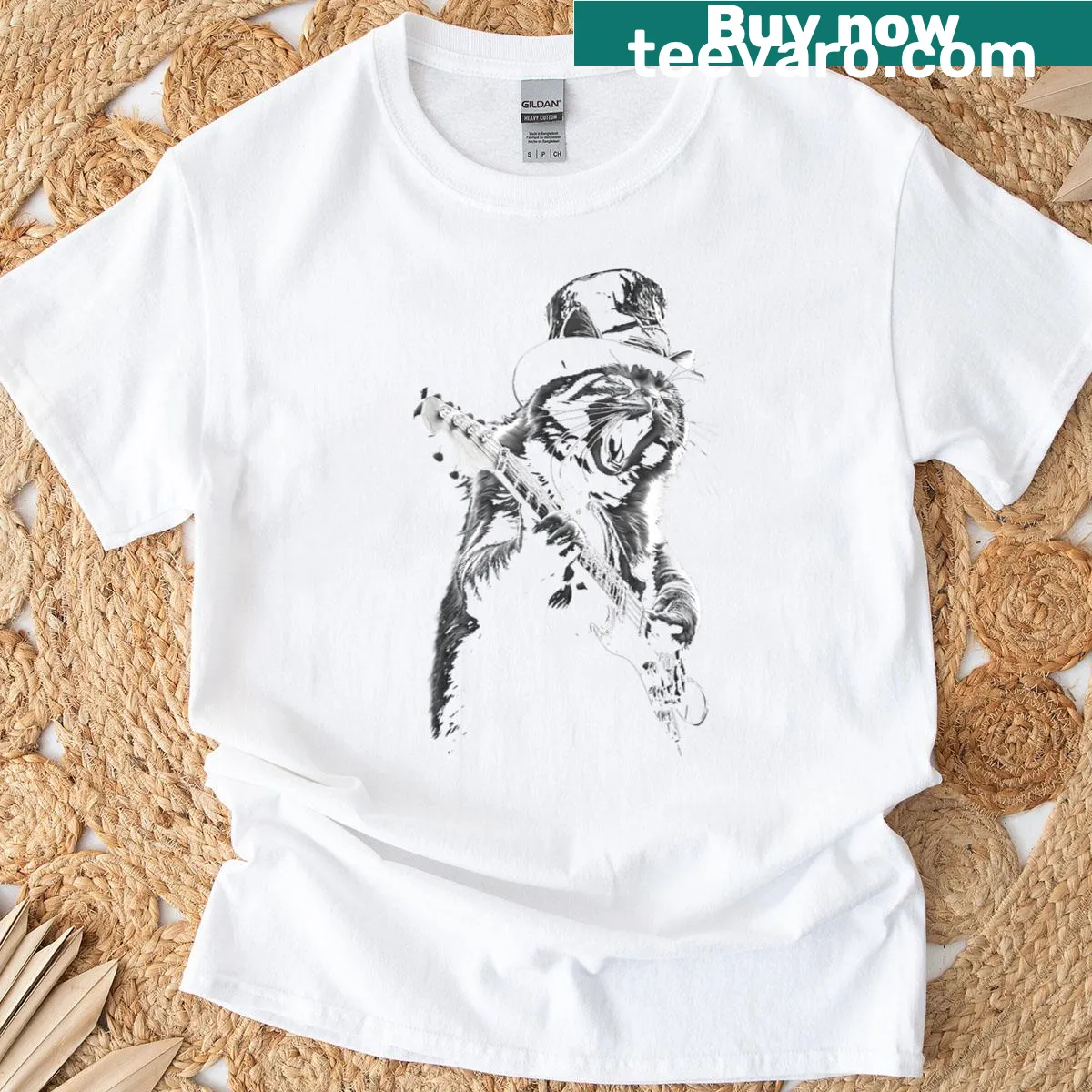 Graphic of a cat playing guitar in rock star style — on a men's t-shirt