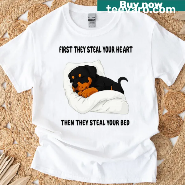 Funny Rottweiler t-shirt with playful heart and bed illustration