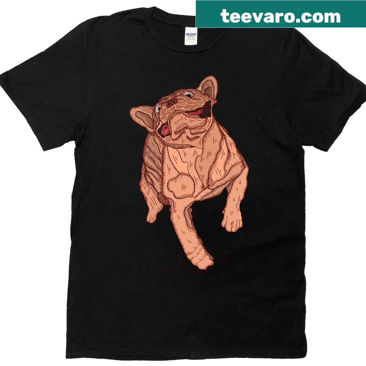 Illustration of a running French Bulldog on an active T-shirt — on a men's t-shirt