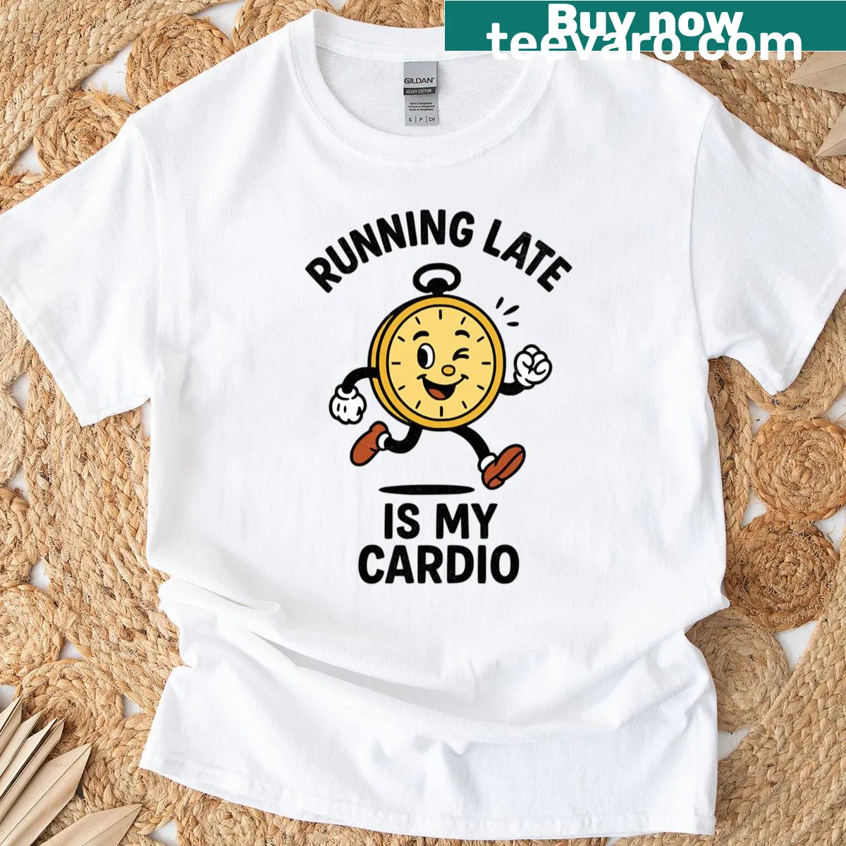 Funny clock graphic with the saying 'Running Late Is My Cardio' — on a men's t-shirt