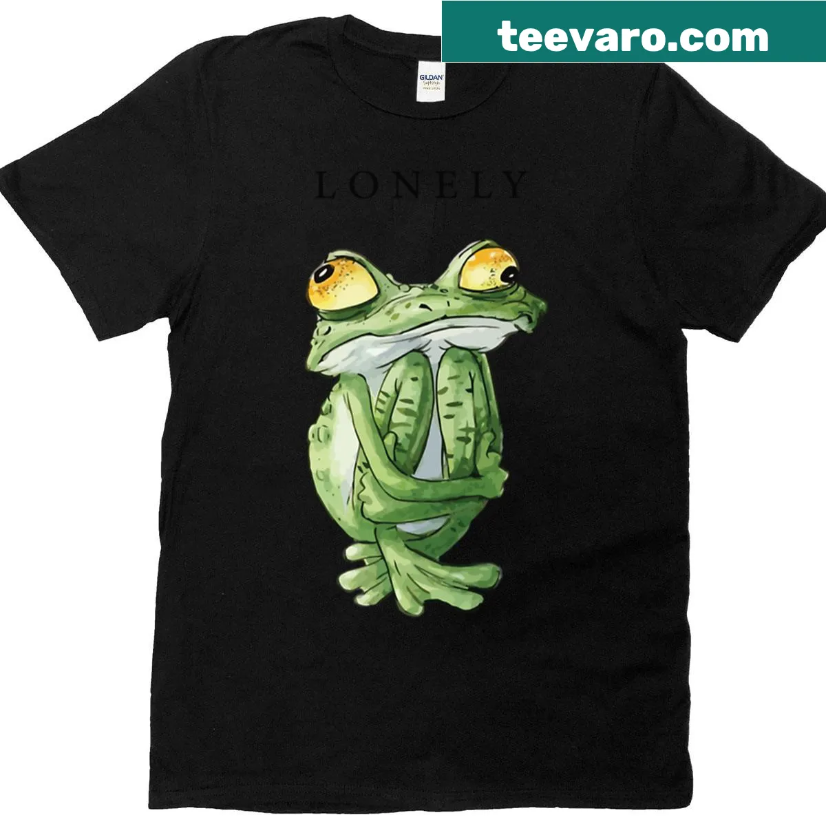 Cute frog hugging itself illustration on a boxy t-shirt. — on a men's t-shirt