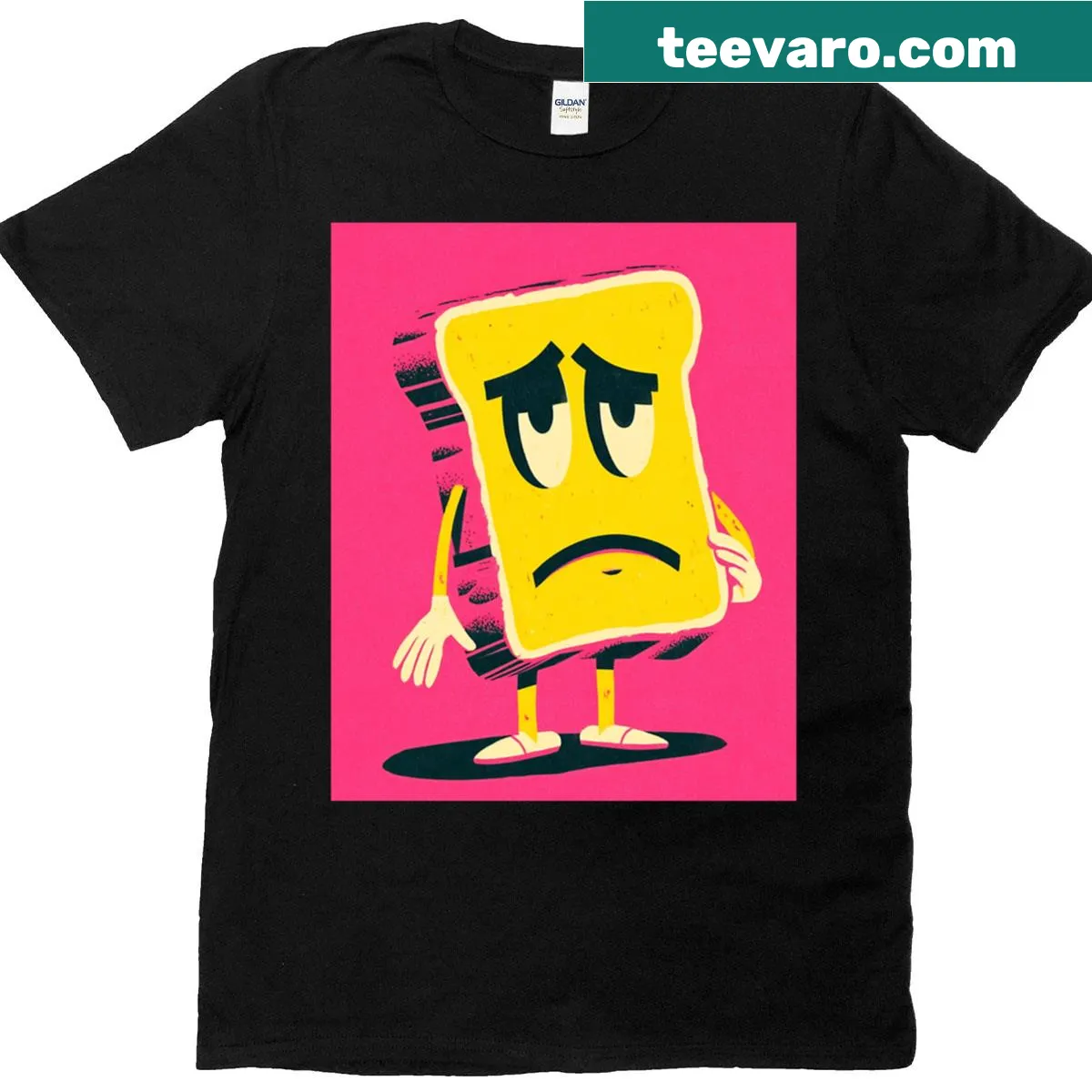 Cartoon toast graphic featuring a sad slice of bread in a retro style — on a men's t-shirt