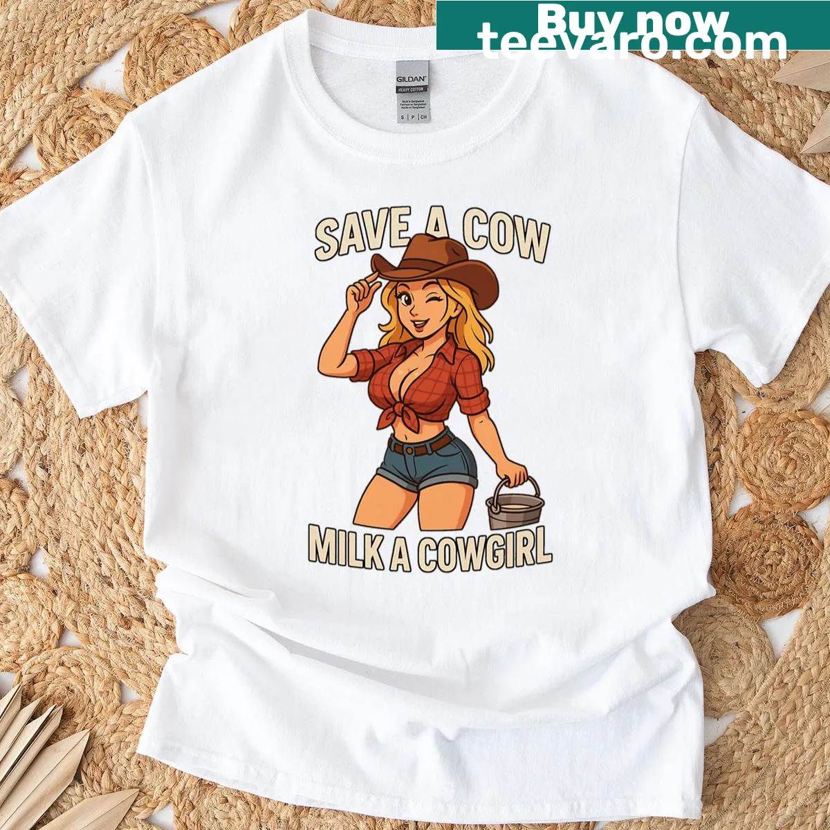Playful cowgirl t-shirt with Save A Cow Milk A Cowgirl text — on a men's t-shirt