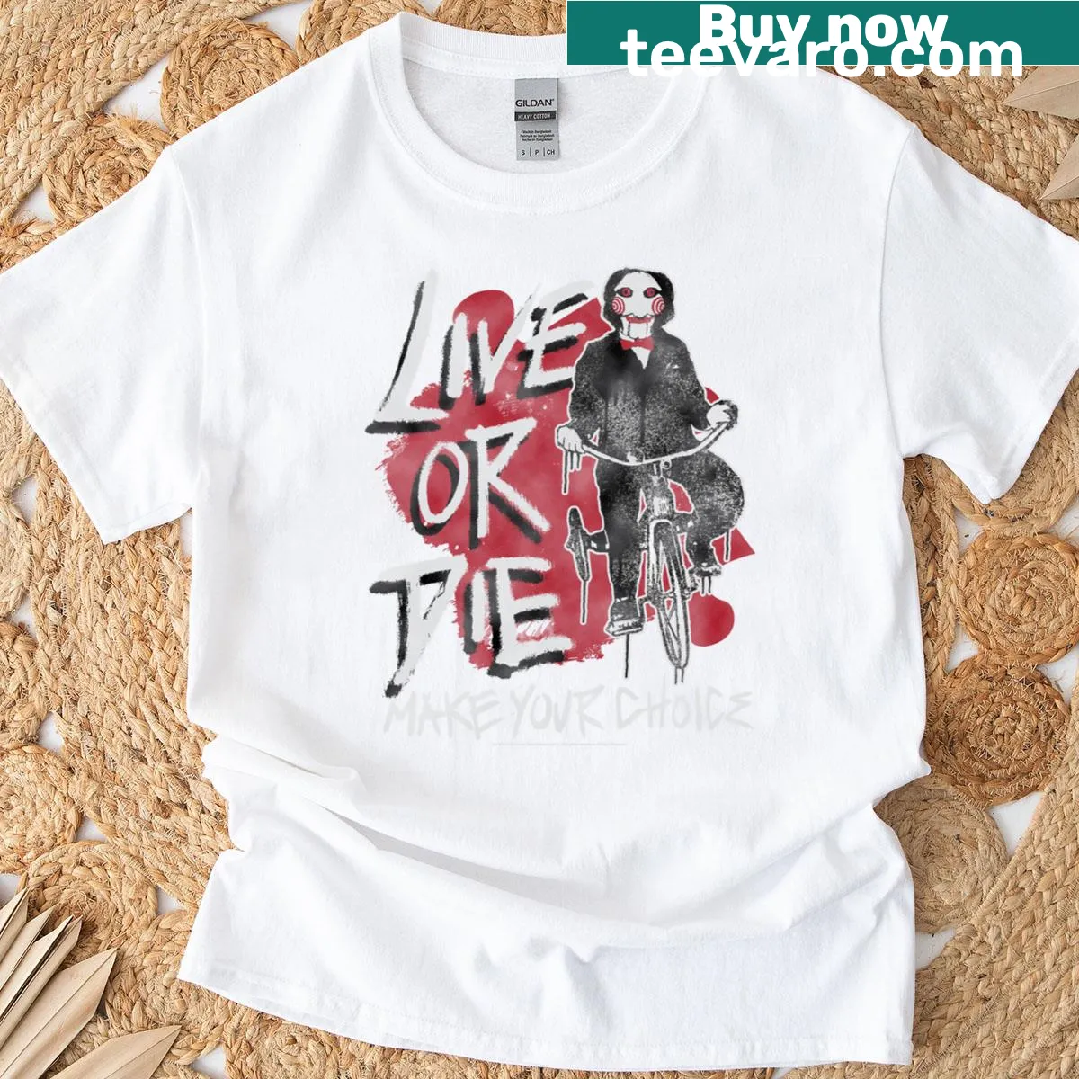 Jigsaw on a tricycle design from the Saw movie series — on a men's t-shirt