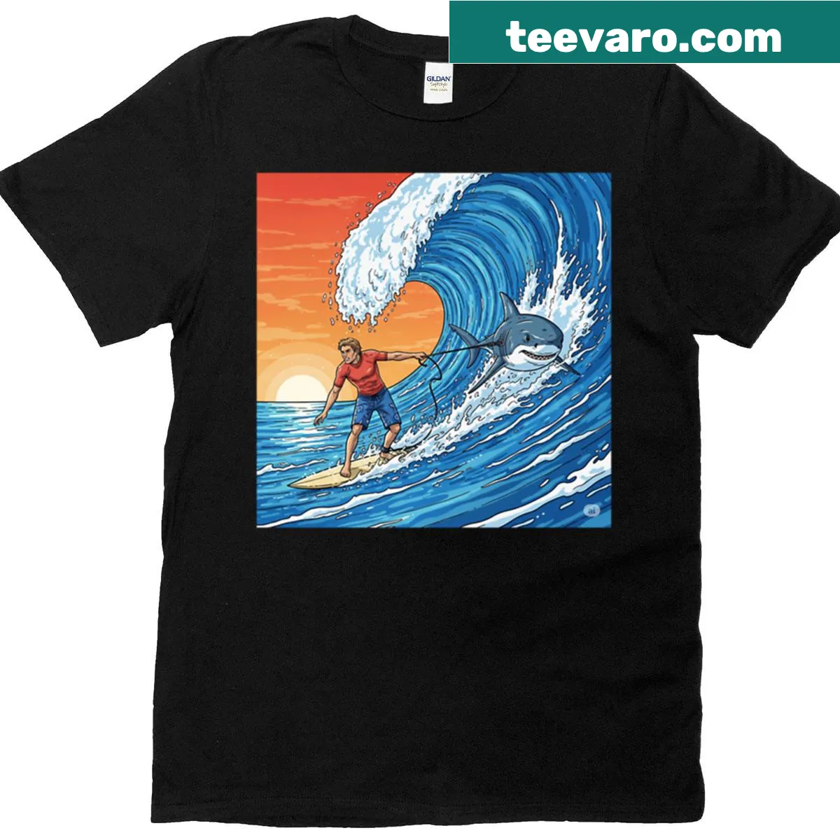 Shark surfing graphic T-shirt — on a men's t-shirt
