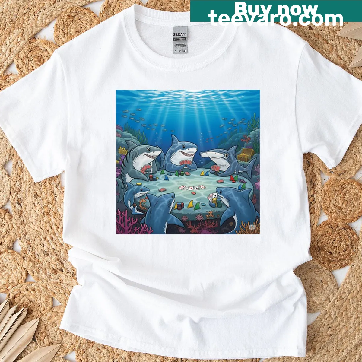 Oversized poker night t-shirt with shark graphic — on a men's t-shirt