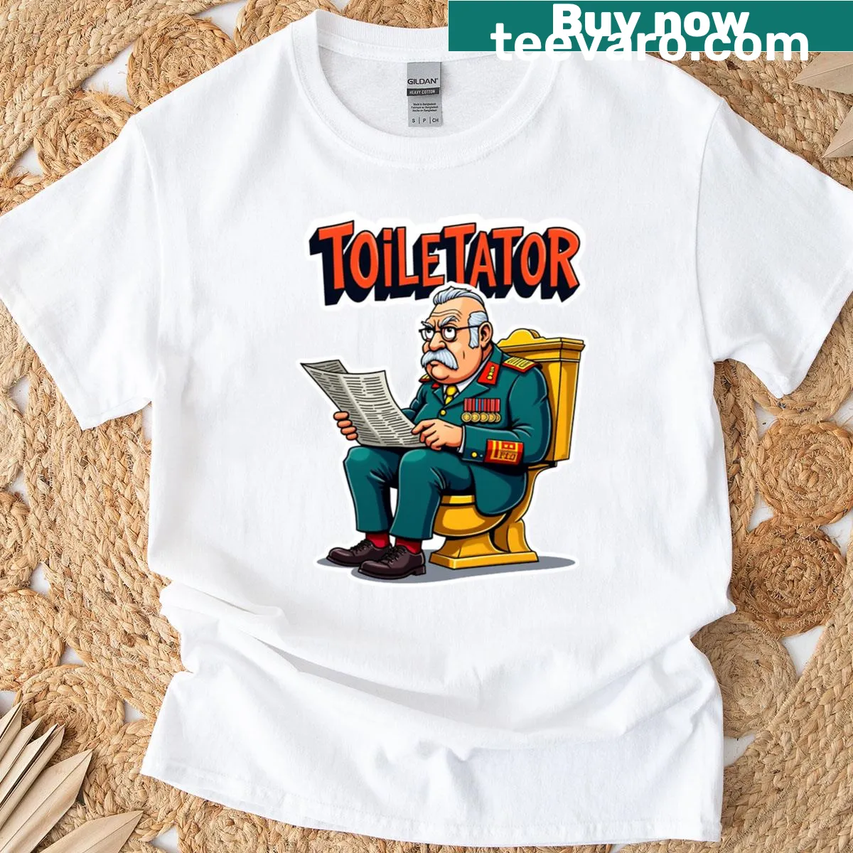 Cartoon of a dictator in a humorous, satirical style — on a men's t-shirt