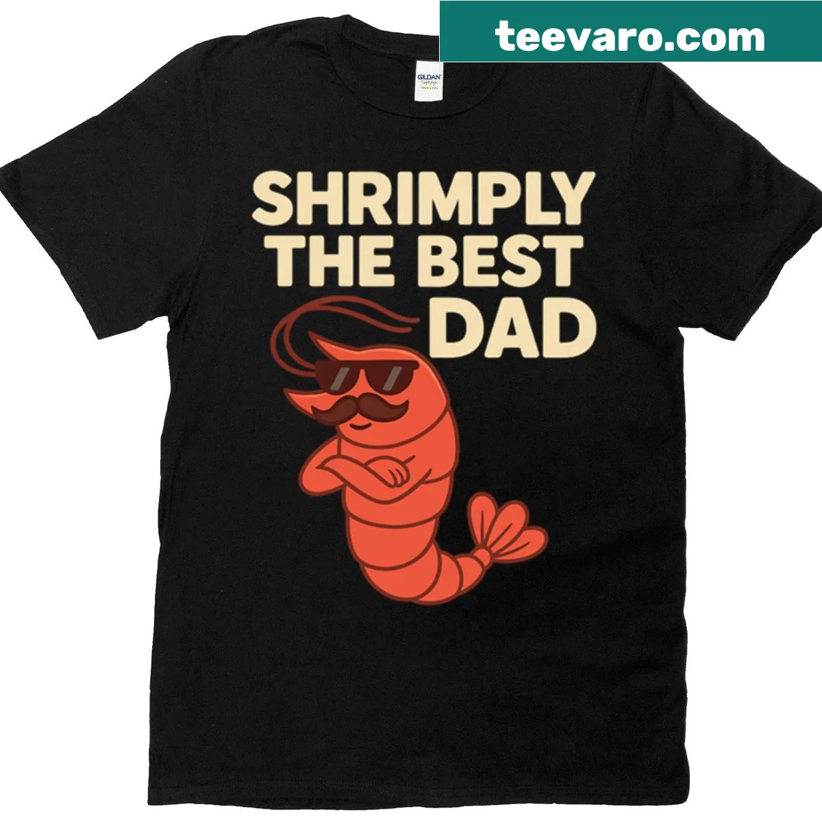 Funny dad t-shirt with playful typography saying Shrimply The Best Dad — on a men's t-shirt