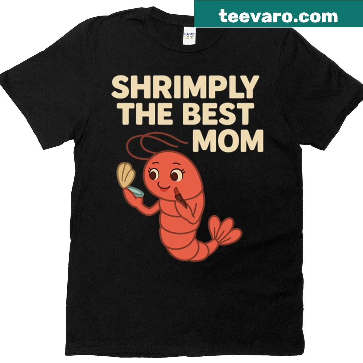 T-shirt with the phrase 'Shrimply The Best Mom' in playful typography — on a men's t-shirt